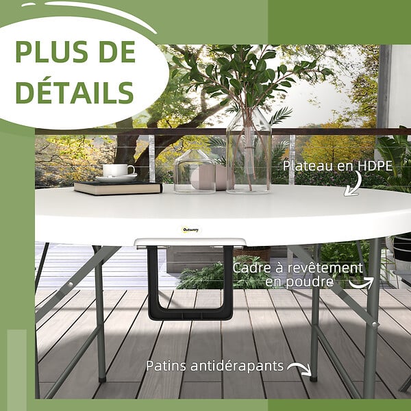 OUTSUNNY - Table pliante table de camping pliable table de jardin Ø 122 x 73H cm poignée acier époxy HDPE blanc - large