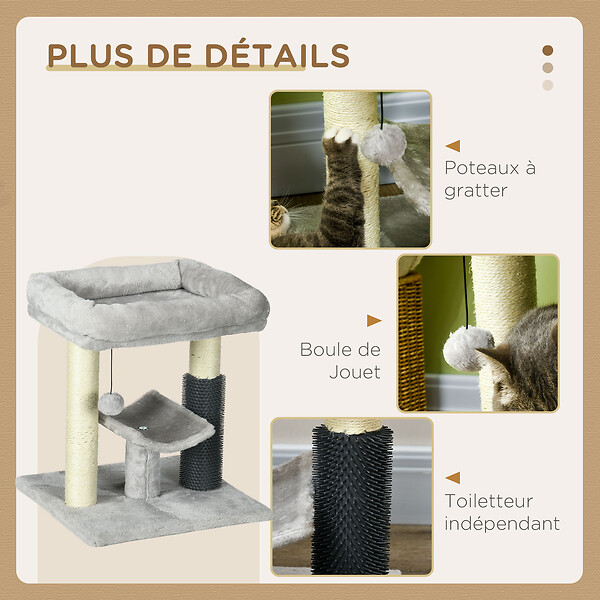 PAWHUT - Arbre à chat griffoirs sisal naturel et massant plateforme panier jeu boule suspendue peluche gris - large