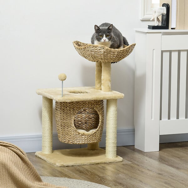 PAWHUT - Arbre à chat style cosy chic griffoirs boule ressort niche panier 2 coussins inclus quenouille sisal naturel peluche beige - large