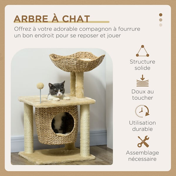 PAWHUT - Arbre à chat style cosy chic griffoirs boule ressort niche panier 2 coussins inclus quenouille sisal naturel peluche beige - large