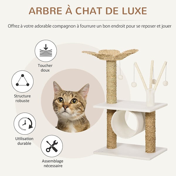 PAWHUT - Arbre à chat style cosy chic fleur - griffoirs, tunnel, plateformes, 4 jeux de boules -  peluche blanche quenouille tressée - large