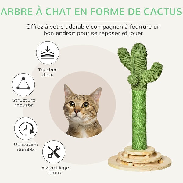 PAWHUT - Griffoir chat design cactus - jouet pompon suspendu, jouet boules - bois de pin sisal vert - large