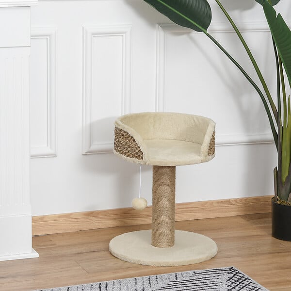 PAWHUT - Arbre à chat griffoir 2 niveaux H. 49 cm - poteau sisal, plateforme observation, jeu de boule suspendue - jute polyester beige - large