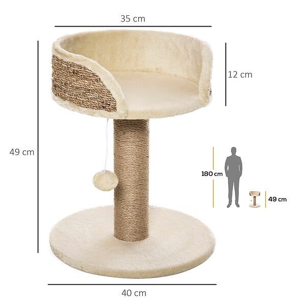 PAWHUT - Arbre à chat griffoir 2 niveaux H. 49 cm - poteau sisal, plateforme observation, jeu de boule suspendue - jute polyester beige - large