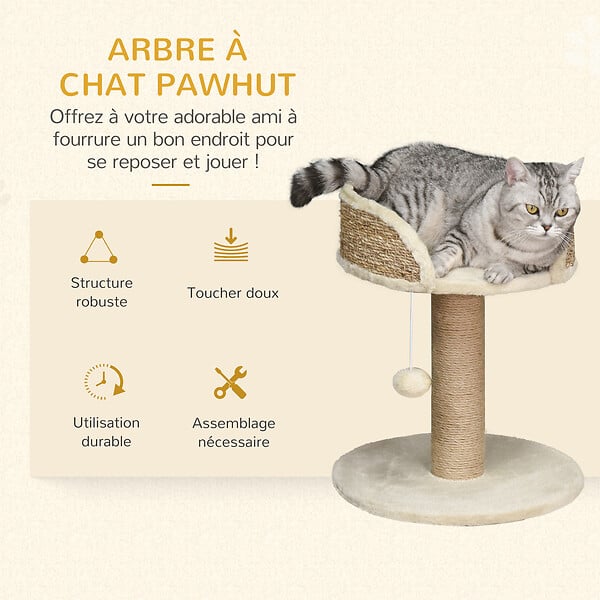 PAWHUT - Arbre à chat griffoir 2 niveaux H. 49 cm - poteau sisal, plateforme observation, jeu de boule suspendue - jute polyester beige - large