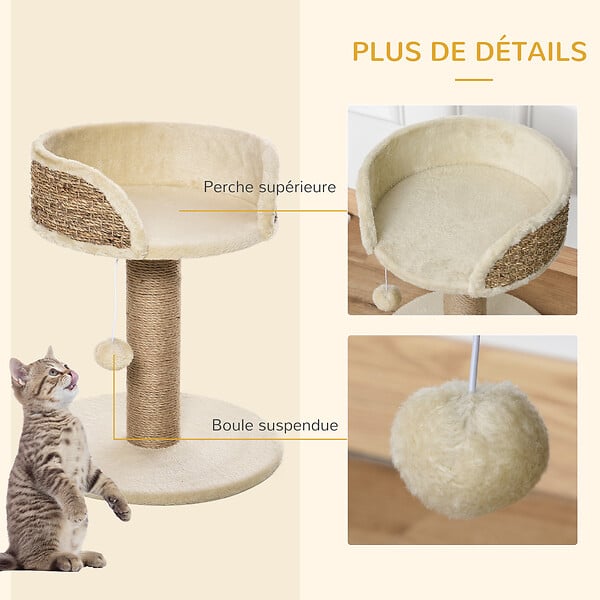PAWHUT - Arbre à chat griffoir 2 niveaux H. 49 cm - poteau sisal, plateforme observation, jeu de boule suspendue - jute polyester beige - large