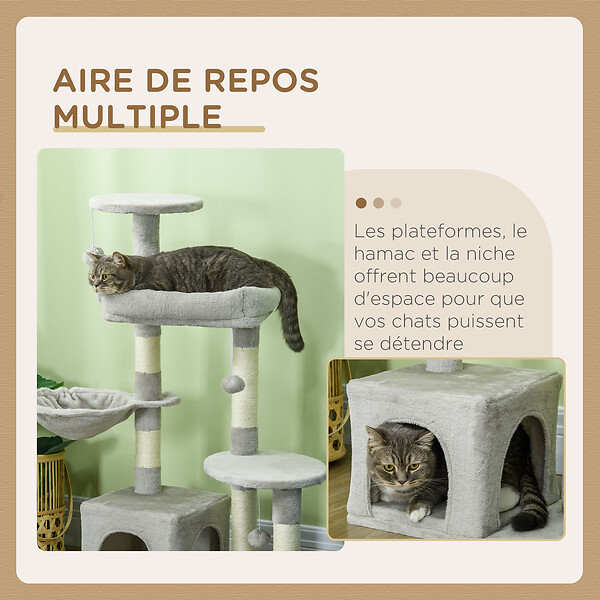 PAWHUT - Arbre à chat griffoirs sisal naturel niche plateformes panier hamac jeux boules suspendues peluche gris - large