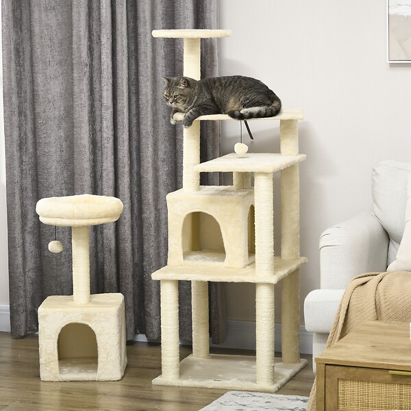 PAWHUT - Arbre à chat modulable - griffoirs, 2 niches, 4 plateformes, 2 boules suspendues - peluche douce beige - large