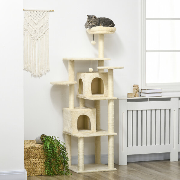 PAWHUT - Arbre à chat modulable - griffoirs, 2 niches, 4 plateformes, 2 boules suspendues - peluche douce beige - large