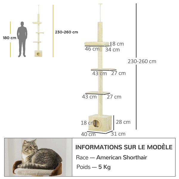 PAWHUT - Arbre à chat hauteur réglable 230-260 cm - niche, 3 plateformes - douce peluche courte beige - large