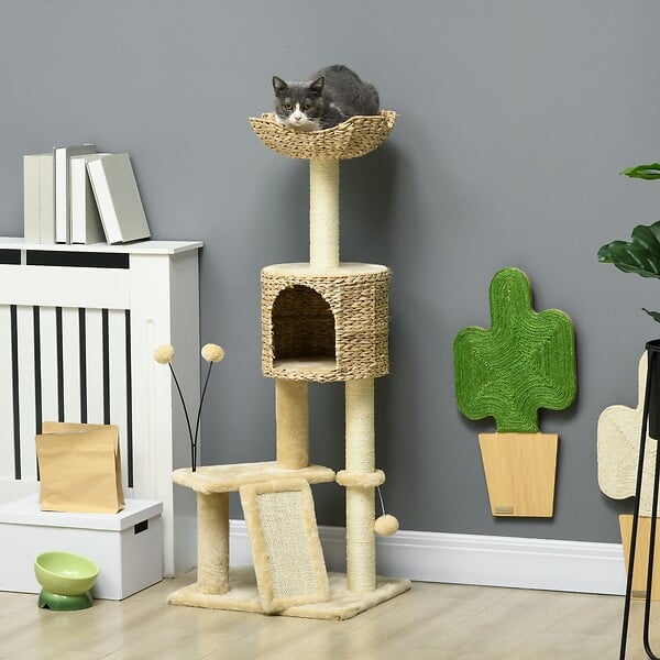 PAWHUT - Arbre à chat style cosy chic griffoirs grattoir sisal naturel équipement multiple peluche jacinthe d'eau beige - large