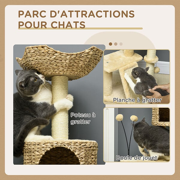 PAWHUT - Arbre à chat style cosy chic griffoirs grattoir sisal naturel équipement multiple peluche jacinthe d'eau beige - large
