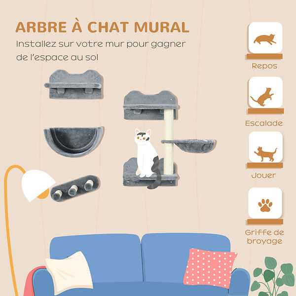 PAWHUT - Mur d'escalade pour chat - arbre à chat design mural - griffoirs, plateformes, 2 paniers, échelle - sisal peluche gris - large