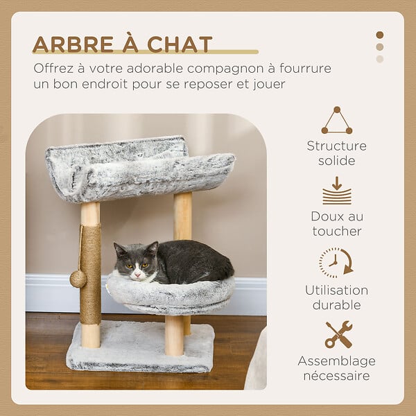 PAWHUT - Arbre à chat griffoir chanvre naturel panier plateforme d'observation jeu boule suspendue bois panneaux peluche gris - large