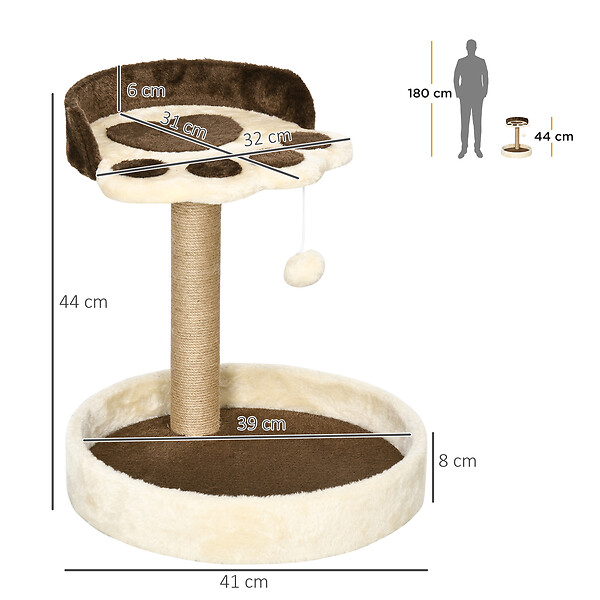 PAWHUT - Arbre à chat griffoir design patte de chat jeu boule suspendue panier plateforme observation peluche beige marron jute naturelle - large
