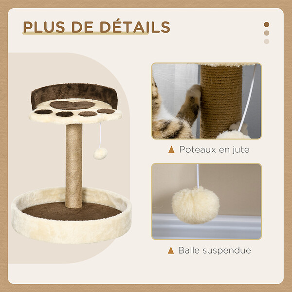 PAWHUT - Arbre à chat griffoir design patte de chat jeu boule suspendue panier plateforme observation peluche beige marron jute naturelle - large