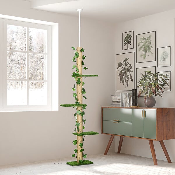 PAWHUT - Arbre à chat poteau à griffer design hauteur réglable dim. 37L x 21l x 202- 242H cm 4 niveaux beige vert - large