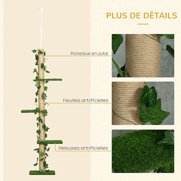 PAWHUT - Arbre à chat poteau à griffer design hauteur réglable dim. 37L x 21l x 202- 242H cm 4 niveaux beige vert - large