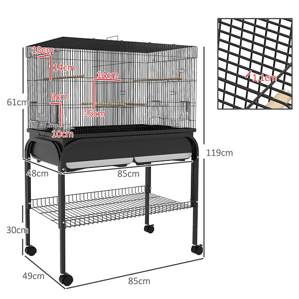 PAWHUT - Grande cage oiseaux - cage perroquet - grande volière sur roulettes - étagère, plateaux coulissants, accessoires - noir - large