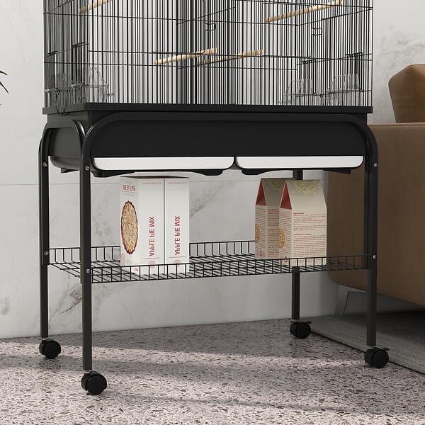 PAWHUT - Grande cage oiseaux - cage perroquet - grande volière sur roulettes - étagère, plateaux coulissants, accessoires - noir - large