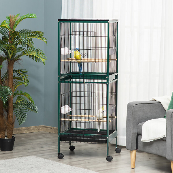 PAWHUT - Grande cage à oiseaux sur pied à roulettes - volière double, mangeoires, perchoirs, plateau amovible - vert noir - large