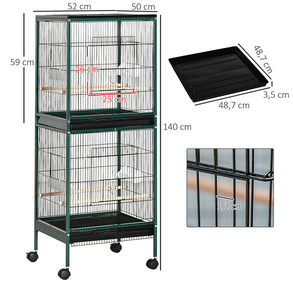 PAWHUT - Grande cage à oiseaux sur pied à roulettes - volière double, mangeoires, perchoirs, plateau amovible - vert noir - large