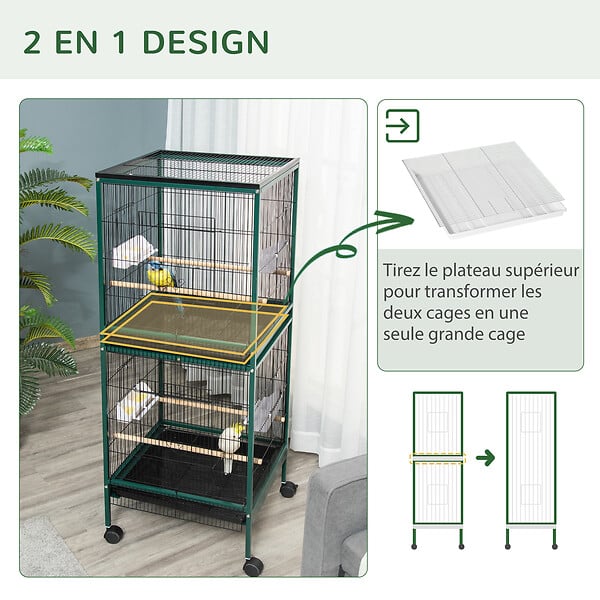 PAWHUT - Grande cage à oiseaux sur pied à roulettes - volière double, mangeoires, perchoirs, plateau amovible - vert noir - large