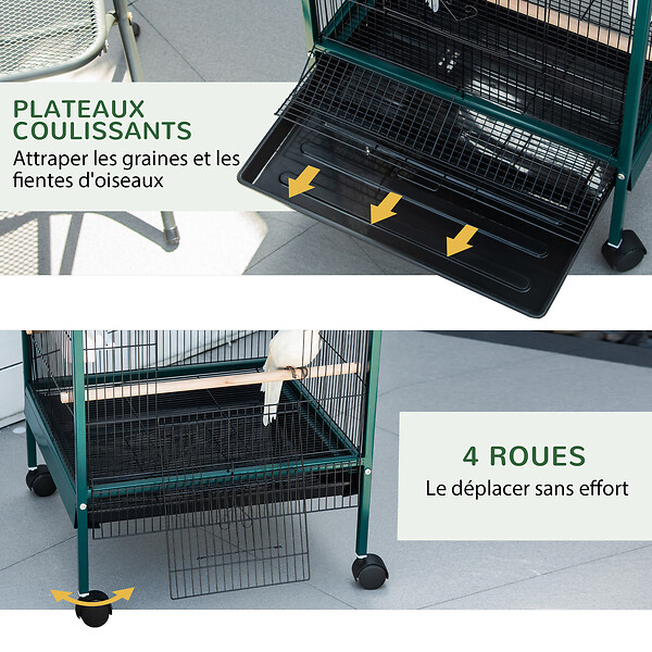 PAWHUT - Grande cage à oiseaux sur pied à roulettes - volière double, mangeoires, perchoirs, plateau amovible - vert noir - large