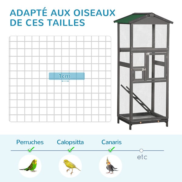 PAWHUT - Cage à oiseaux volière grande taille 2 portes toit asphalte tiroir amovible bois gris - large