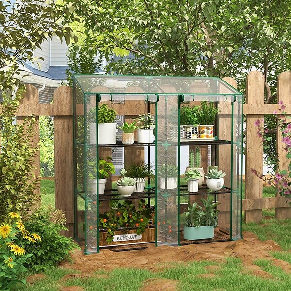 OUTSUNNY - Mini serre de jardin 3 niveaux 2 portes 6 étagères - large