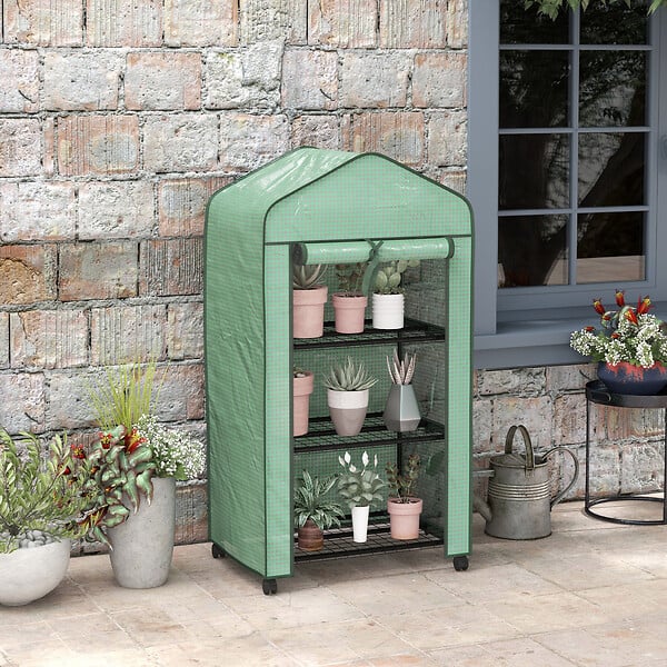 OUTSUNNY - Mini serre de jardin 3 étagères porte enroulable 4 roulettes PE - large