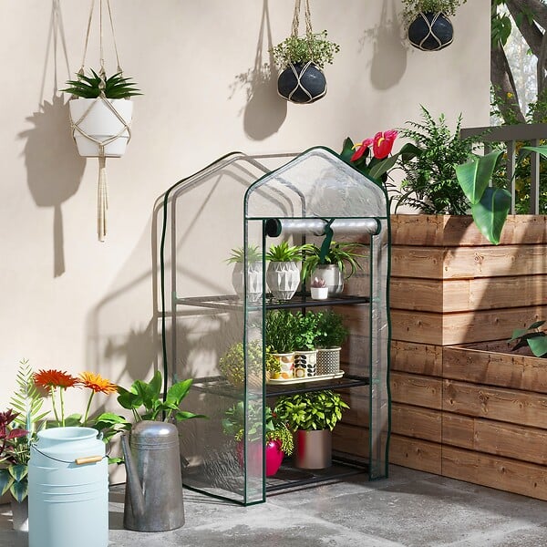 OUTSUNNY - Serre de jardin balcon 3 niveaux métal thermolaqué vert PE transparent - large