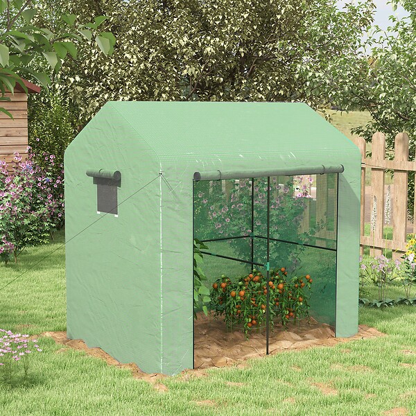 OUTSUNNY - Serre de jardin 2,8 m² porte zippée 2 fenêtres acier PE vert - large