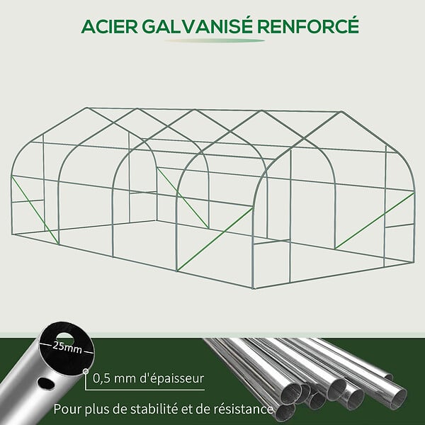 OUTSUNNY - Serre tunnel grande taille 17,85 m² châssis tubulaire acier galvanisé renforcé 2,4 cm 8 fenêtres 1 porte vert - large