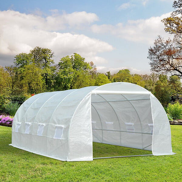 OUTSUNNY - Serre de jardin tunnel surface sol 18 m² 6L x 3l x 2H m châssis tubulaire renforcé 24 mm 8 fenêtres blanc - large