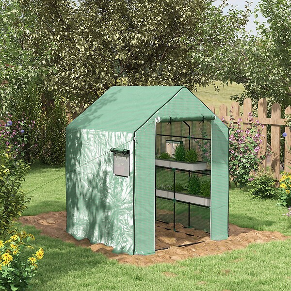 OUTSUNNY - Serre de jardin 6 tablettes dim. 1,4L x 0,73l x 1,9H m porte déroulante fenêtres acier PE haute densité vert - large