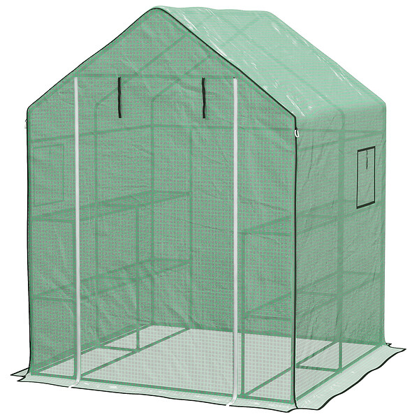 OUTSUNNY - Serre de jardin 6 tablettes dim. 1,4L x 0,73l x 1,9H m porte déroulante fenêtres acier PE haute densité vert - large
