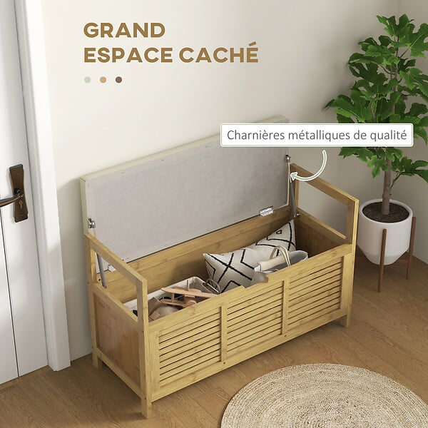 HOMCOM - Banc à chaussures coffre de rangement 2 en 1 avec coussin bambou - large
