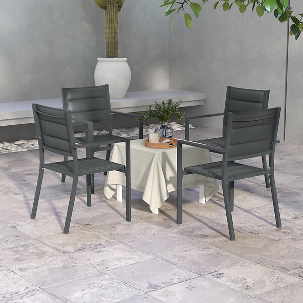 OUTSUNNY - Lot de 4 chaises de jardin empilables avec accoudoirs alu textilène gris - large