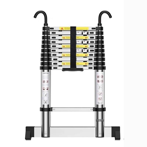 SECURY-T - Echelle télescopique aluminium 11 marches H 3,2M avec crochets démontables et barre stabilisatrice - large