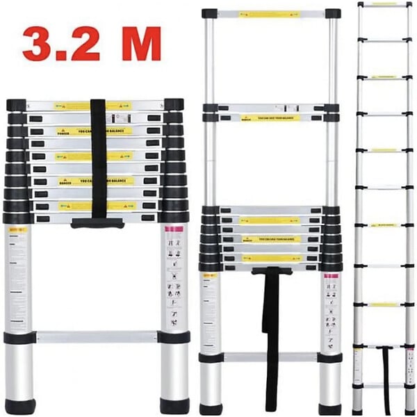 SECURY-T - Echelle télescopique aluminium 11 marches H3,2 m avec barre stabilisatrice - large