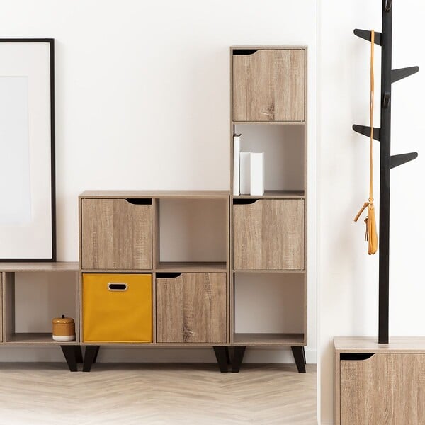 5 FIVE SIMPLY SMART - Meuble Etagère 6 Cases de rangement 3 Portes effet bois naturel H. 113.3 cm - large