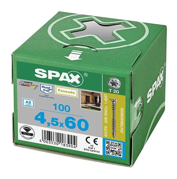 SPAX - 100 Vis Avec Filetage De Fixation 4,5x60 Spax Façade Inox A2 - Bois Résineux - large