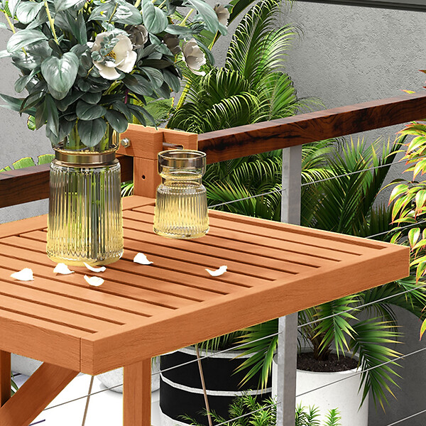 Relaxdays Table Balcon Suspendue Pliable - Blanc Aspect Bois, Réglable 3 Hauteurs, Porte-gobelets, Idéale Petit Espace Extérieur