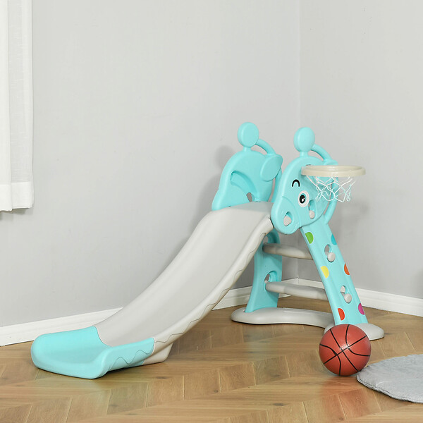 HOMCOM - Toboggan enfant avec panier de basket-ball usage intérieur et extérieur dim. 140 x 87 x 75 cm bleu et gris - large