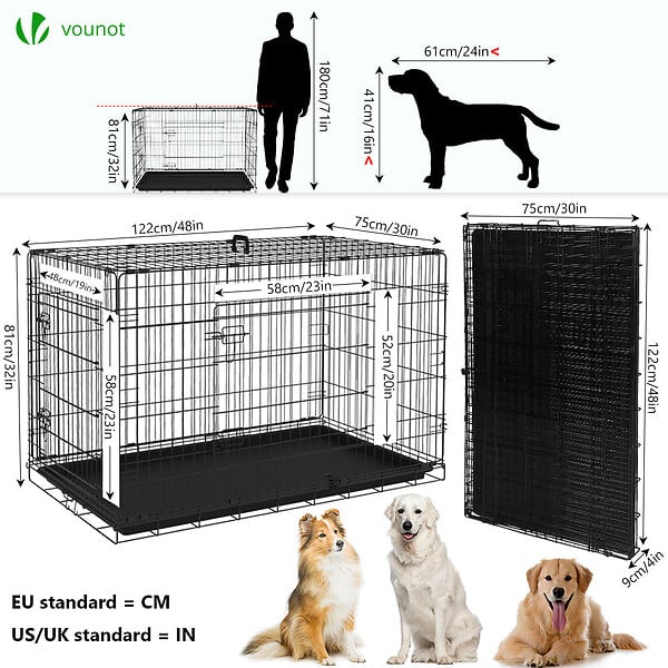 VOUNOT - Cage pour chien pliable avec 2 portes verrouillable plateau amovible 122x75x81cm - large