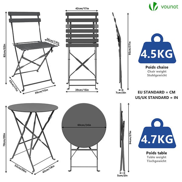 VOUNOT - Ensemble bistro extérieur 1 table 2 chaises acier gris - large