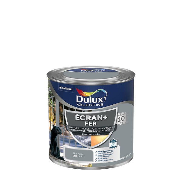 DULUX VALENTINE - Peinture extérieure Fer Ecran+ Dulux Valentine Brill-Gris Acier 0,25L - large