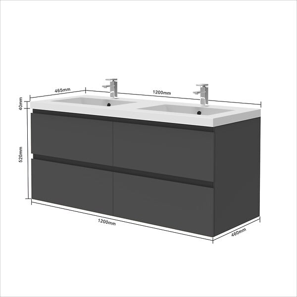 AICA SANITAIRE - Meuble de salle de bain avec double vasque anthracite, 120 cm meuble anthracite avec lavabo meuble à 4 tiroirs - large