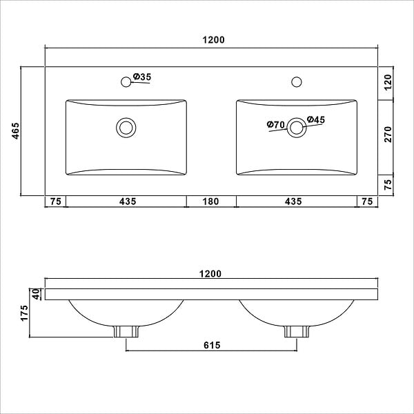 AICA SANITAIRE - Meuble de salle de bain avec double vasque anthracite, 120 cm meuble anthracite avec lavabo meuble à 4 tiroirs - large
